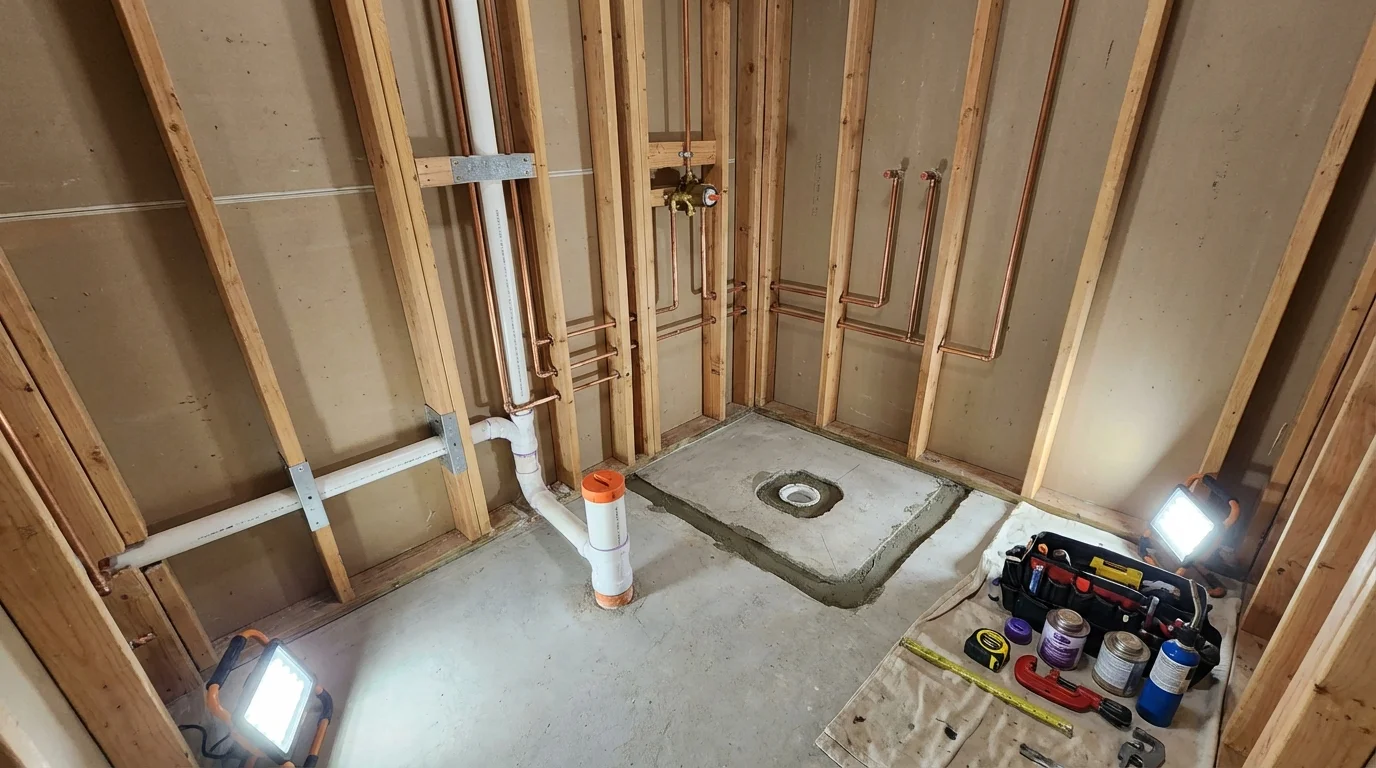 Bathroom rough-in plumbing during remodel by Johns Plumbing LLC in Mosinee