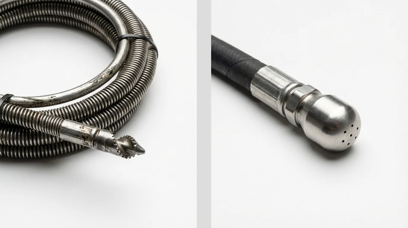 Drain snake cable and hydro jetting nozzle used for drain cleaning in Mosinee, WI