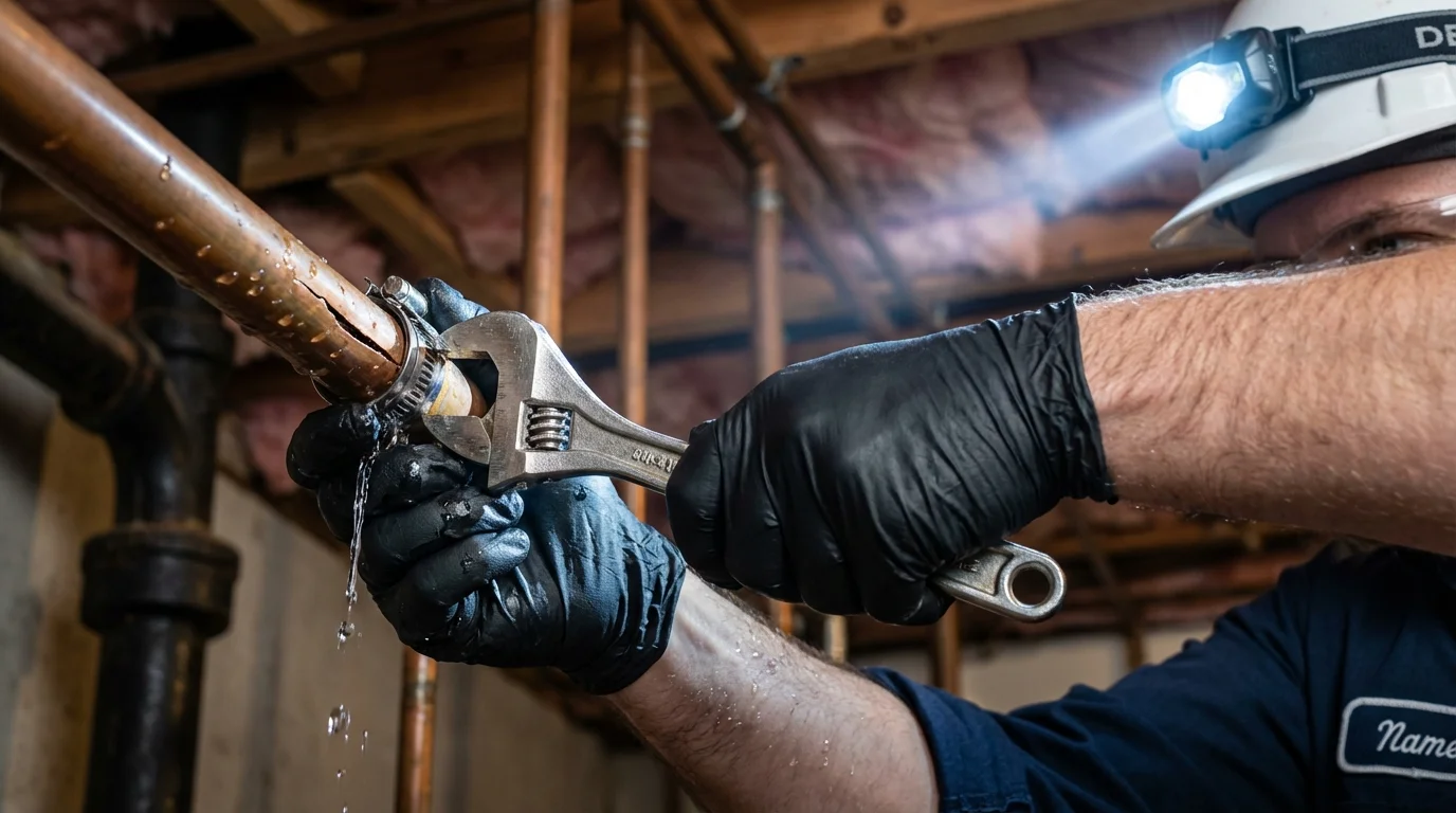 Emergency pipe clamp repair being performed by a Johns Plumbing LLC plumber in Mosinee