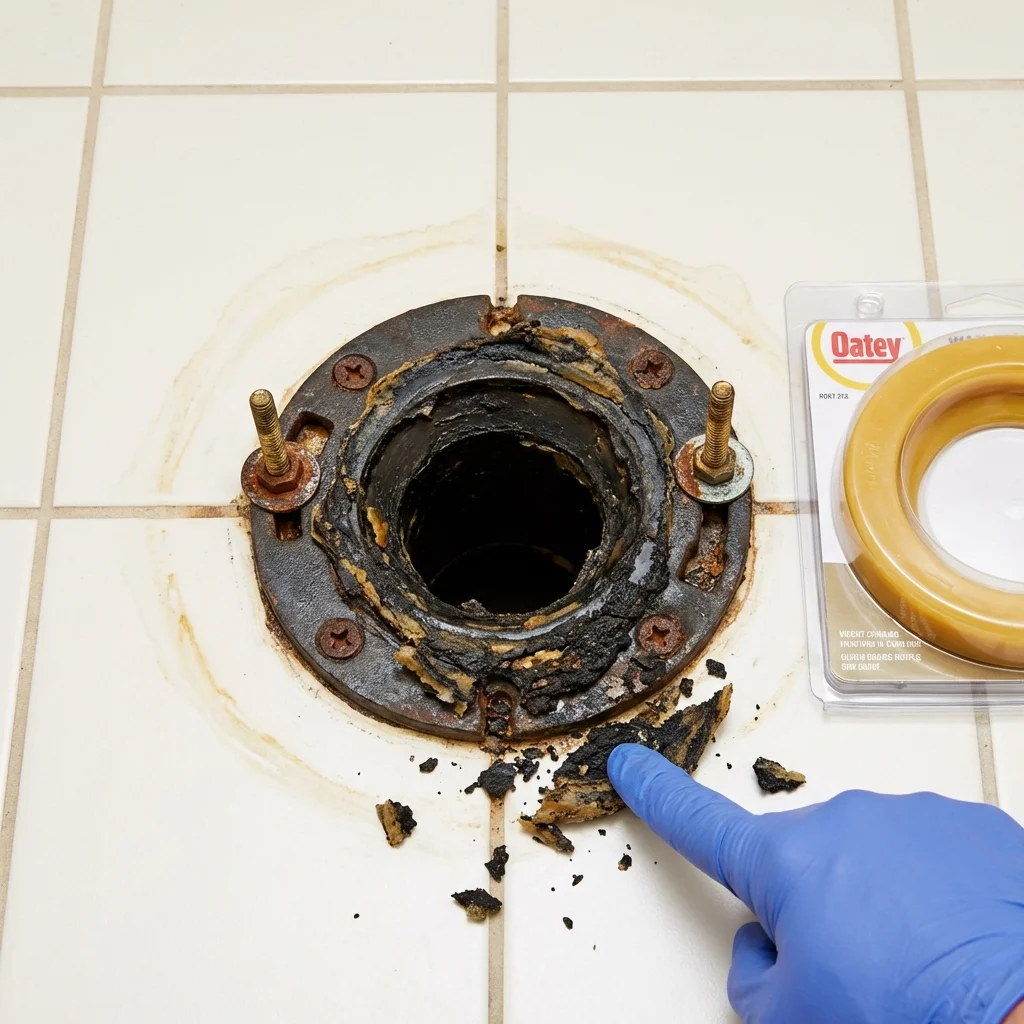 Failed wax ring showing water seepage at the base of a toilet in a Mosinee, WI home