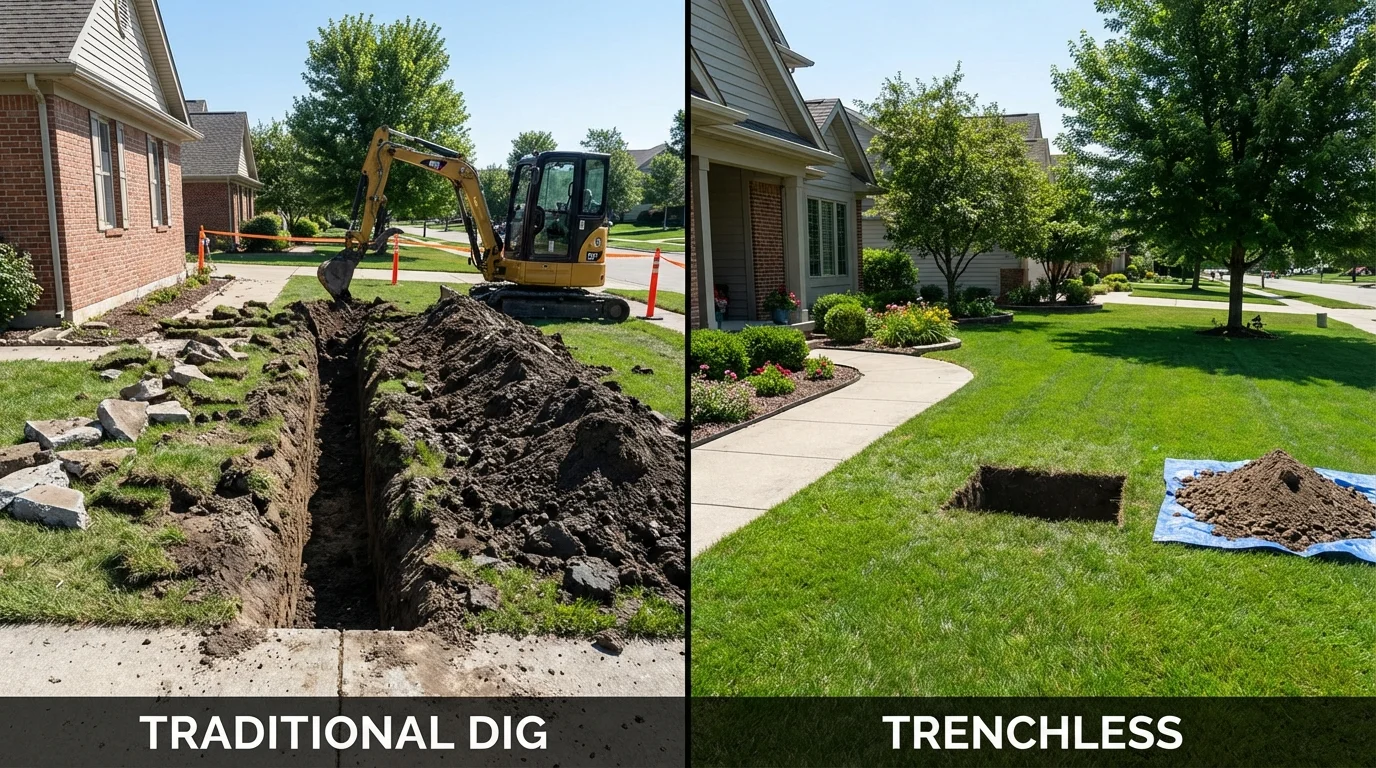 Trenchless sewer repair with minimal yard damage versus traditional excavation in Mosinee, WI