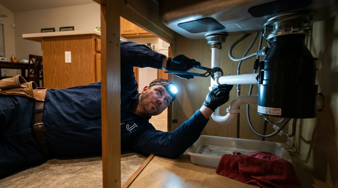 P-trap and supply line connections under a kitchen sink showing a common leak point in Mosinee, WI